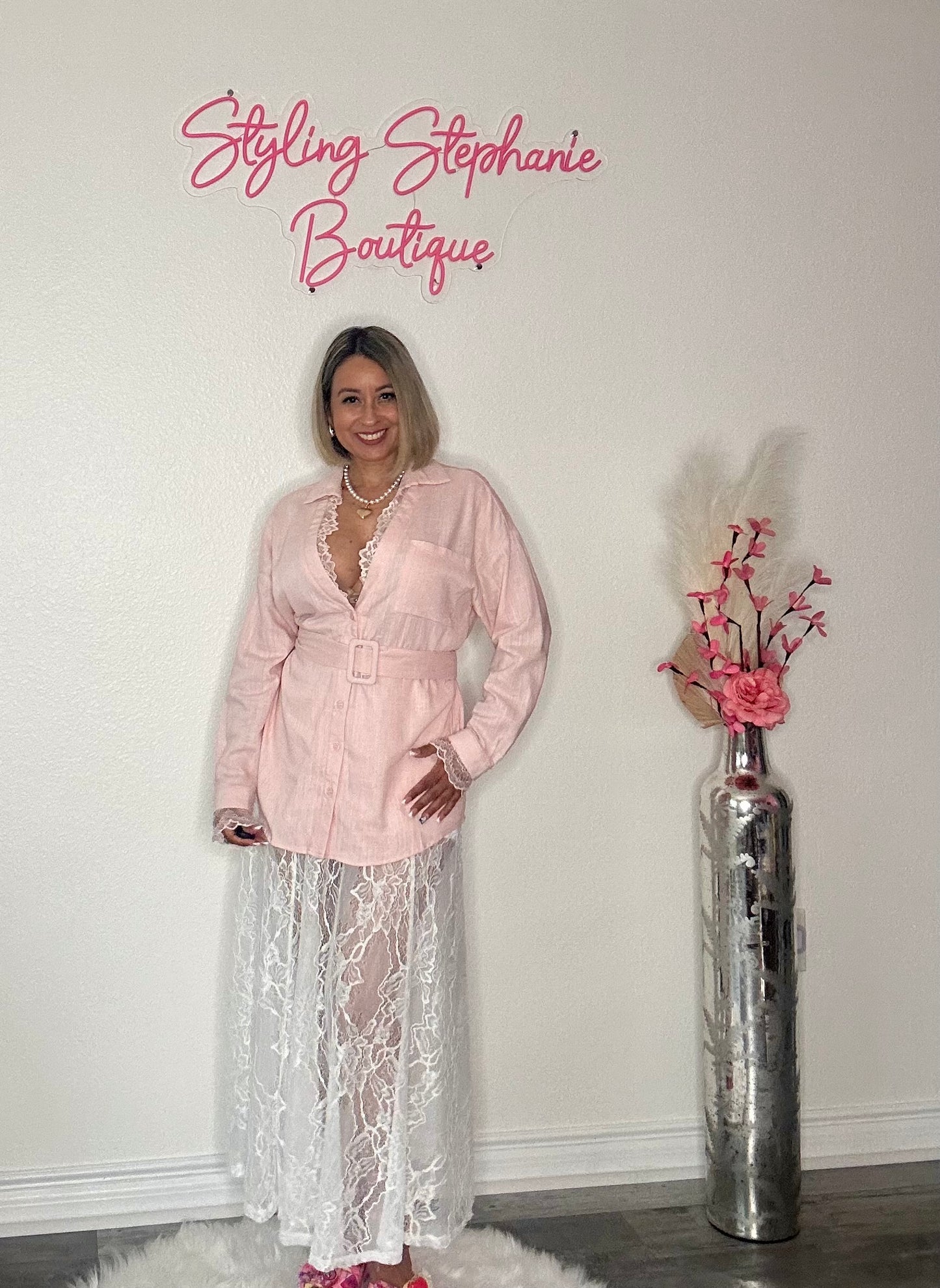 Blush Button Down Belted Top