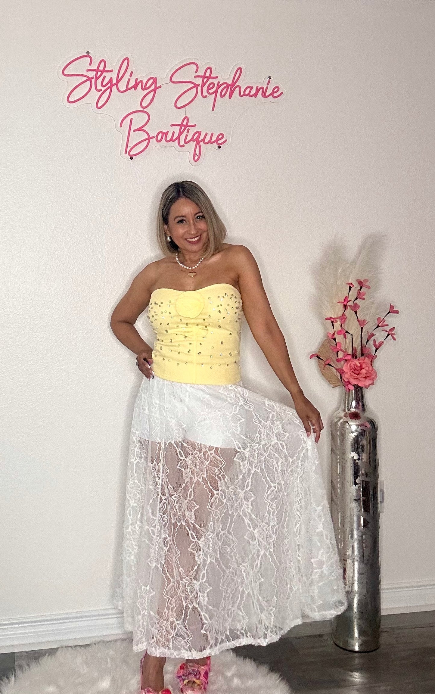 Yellow Flower Pearl Rhinestone Top