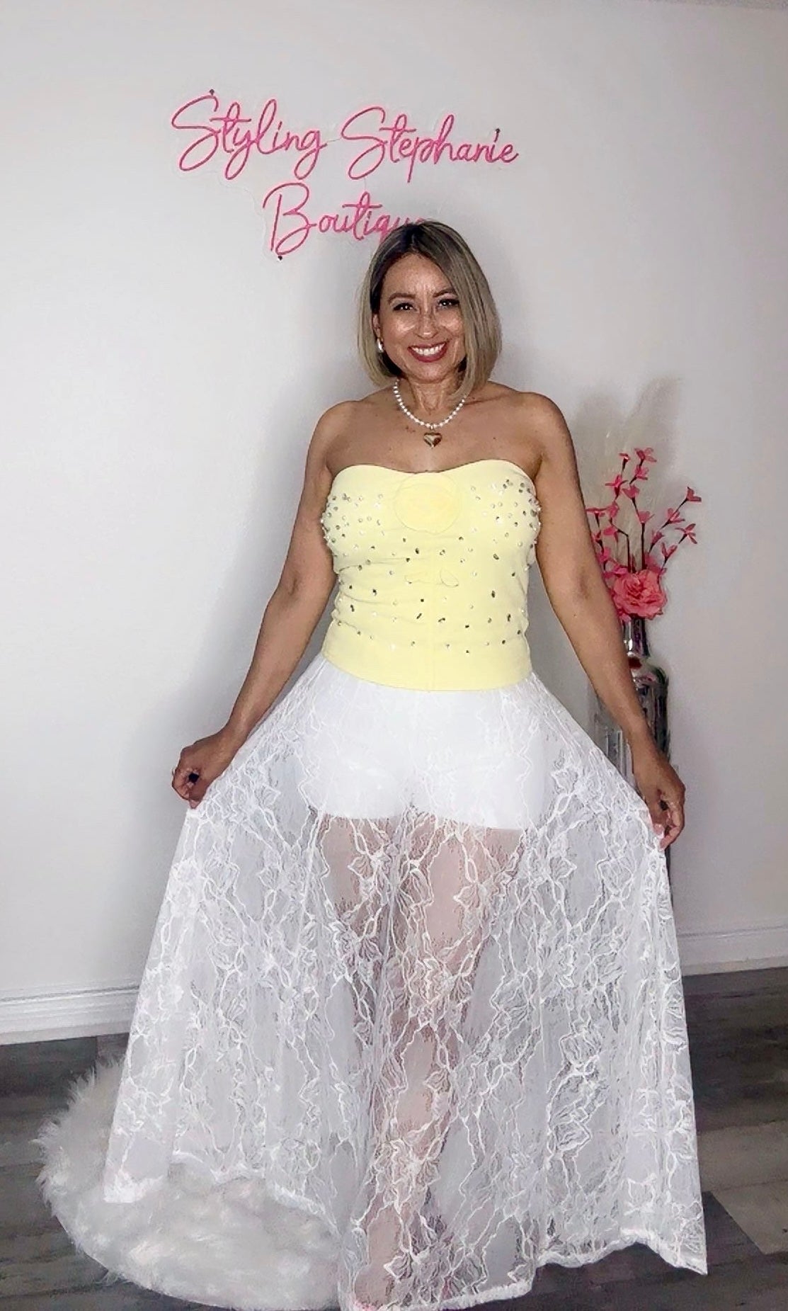 Yellow Flower Pearl Rhinestone Top