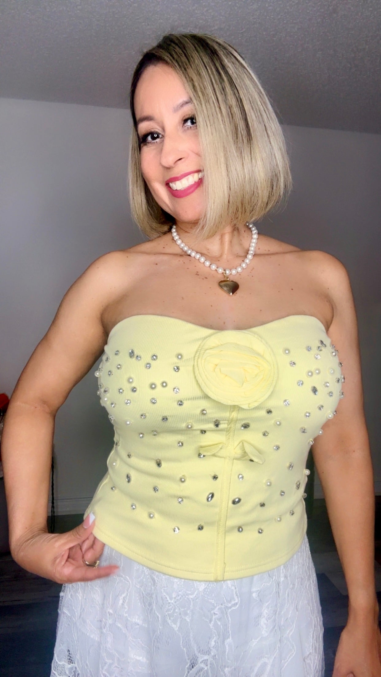 Yellow Flower Pearl Rhinestone Top