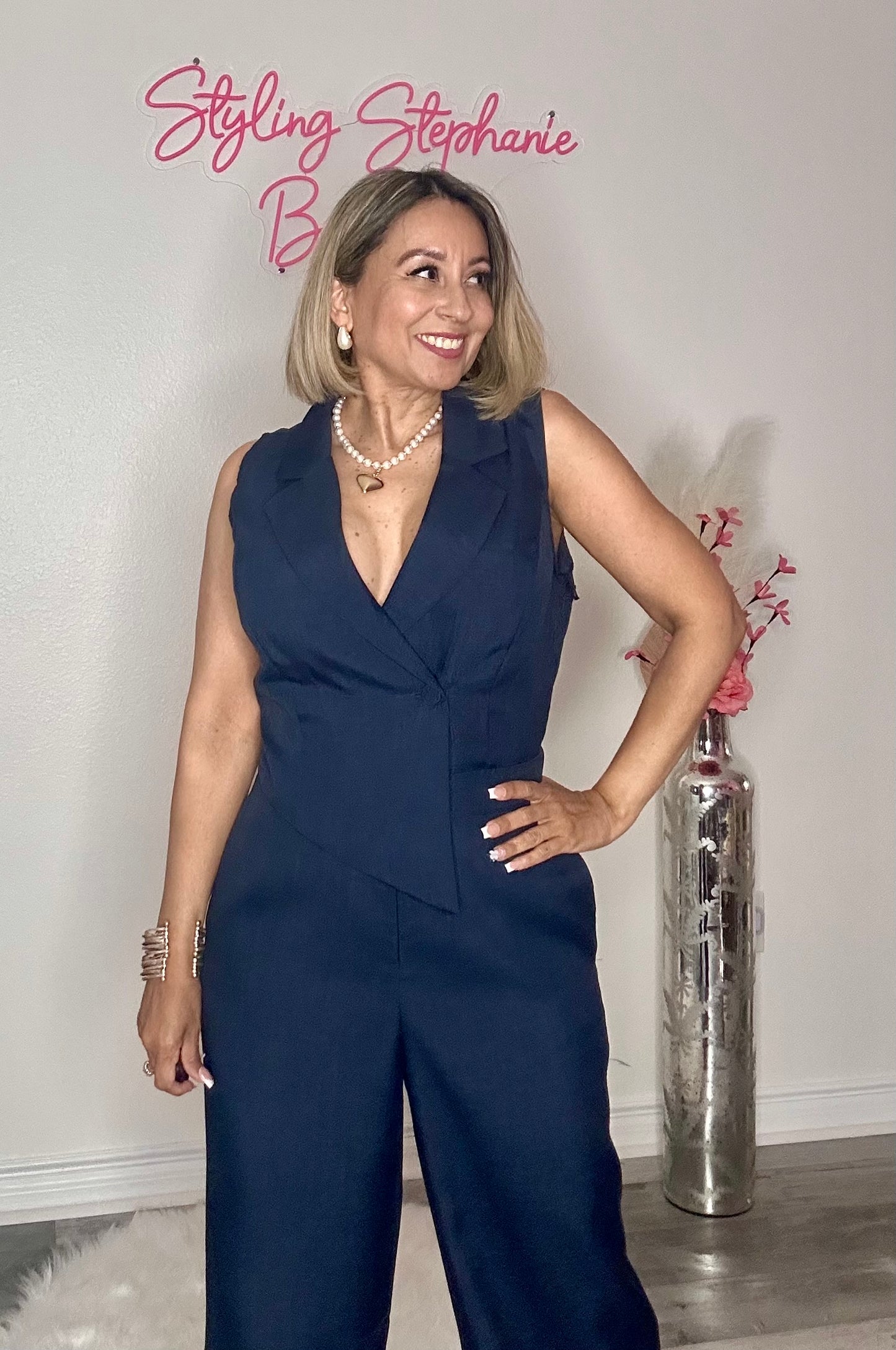 Navy Blue Asymmetric Hem Top Jumpsuit