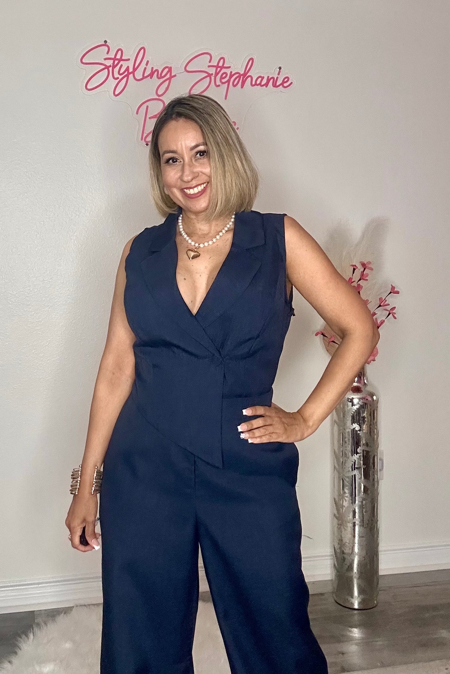 Navy Blue Asymmetric Hem Top Jumpsuit