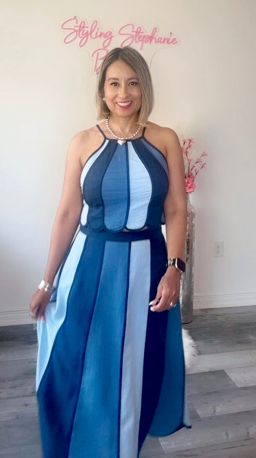 Denim Color Block Halter Neck Top with Midi Skirt Set