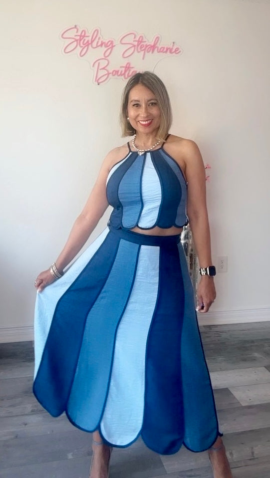 Denim Color Block Halter Neck Top with Midi Skirt Set