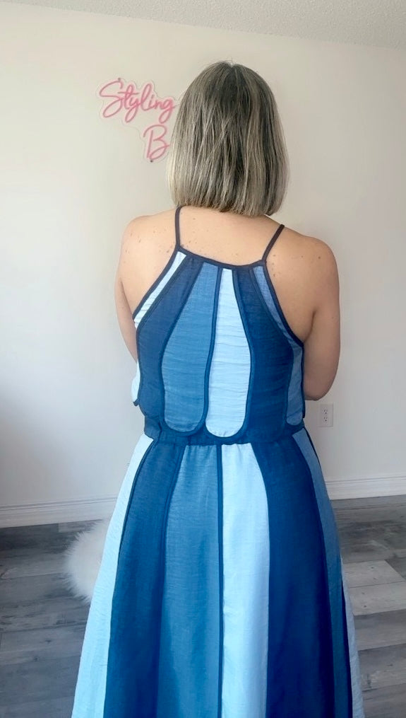 Denim Color Block Halter Neck Top with Midi Skirt Set