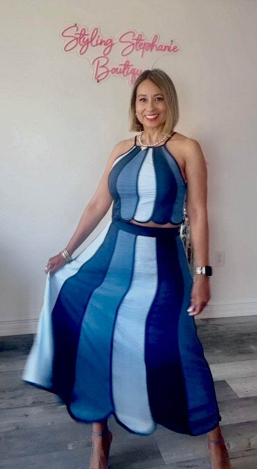 Denim Color Block Halter Neck Top with Midi Skirt Set
