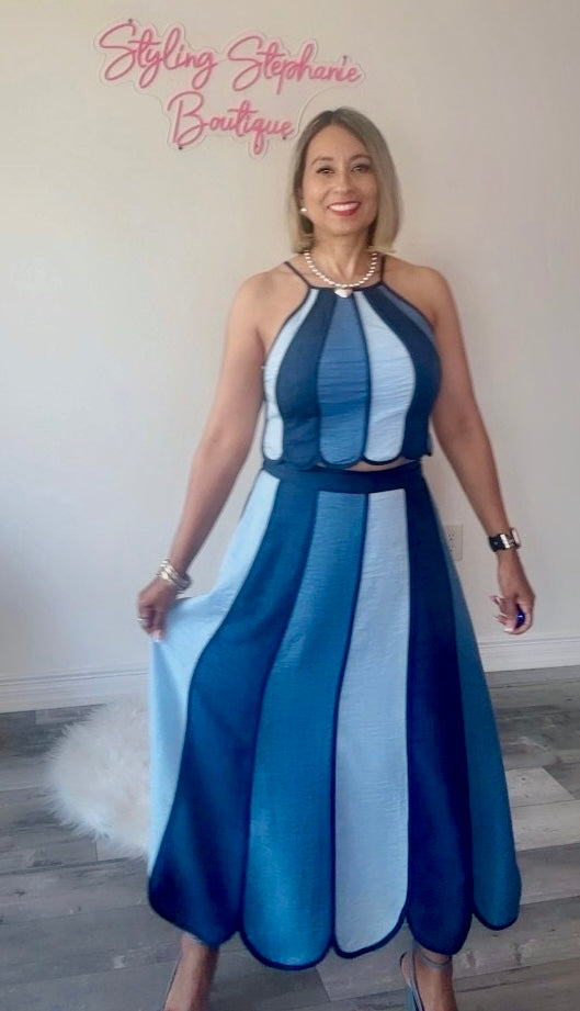Denim Color Block Halter Neck Top with Midi Skirt Set