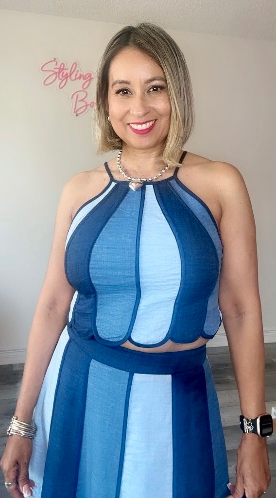 Denim Color Block Halter Neck Top with Midi Skirt Set