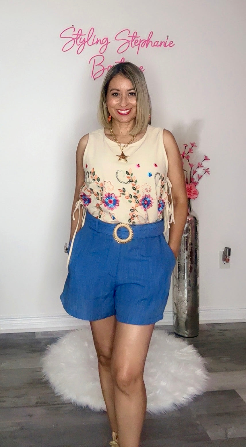 Natural Embroidery Sleeveless Top