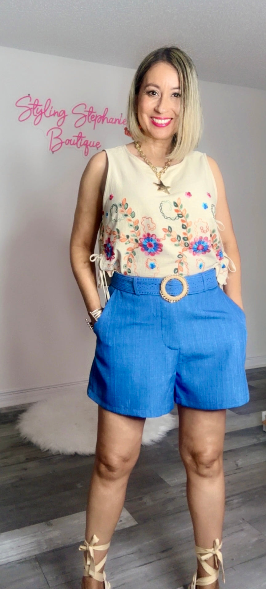 Denim Blue Embroidery Detail Shorts