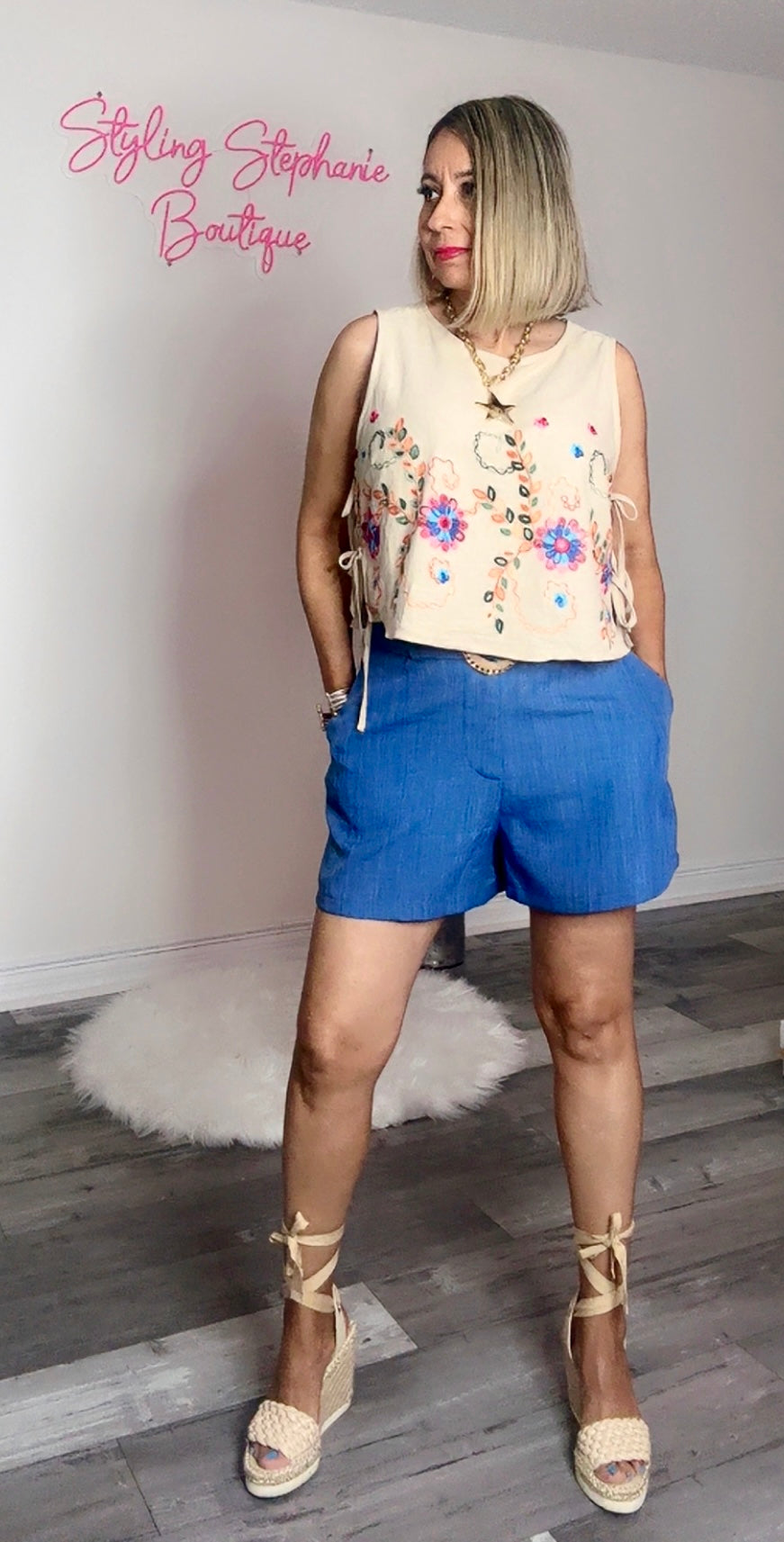 Denim Blue Embroidery Detail Shorts