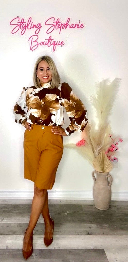 Brown Printed Long Sleeve Top With Scarf Neck Collar