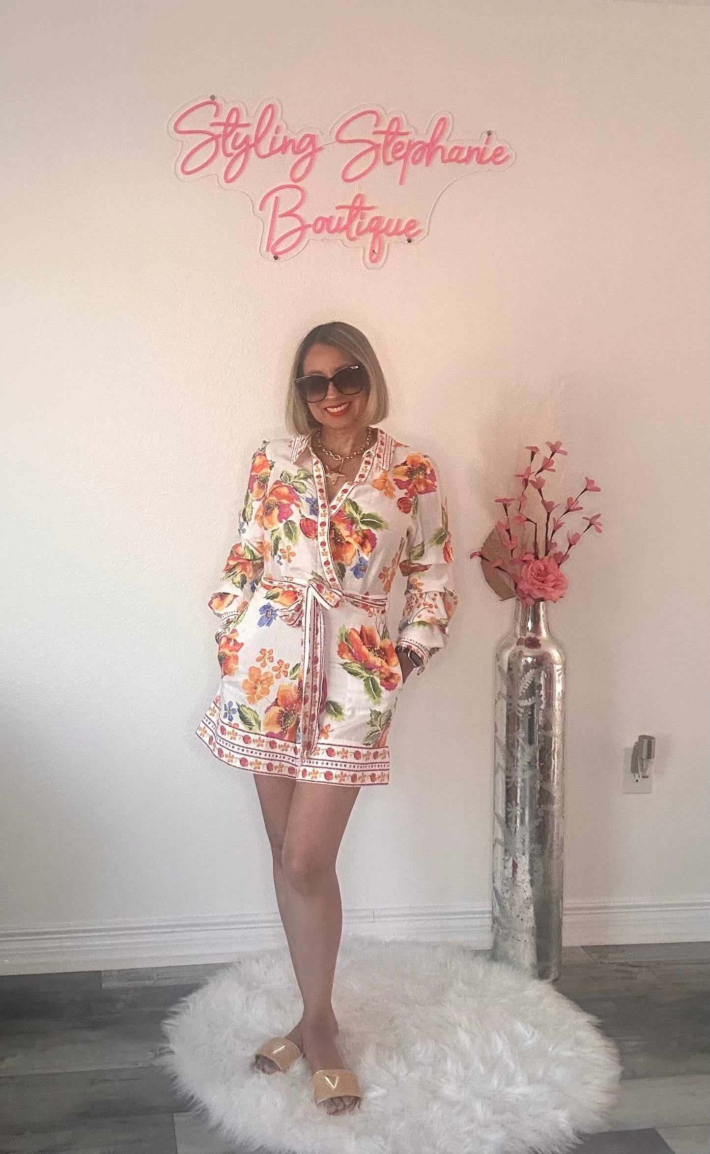 Orange Tropical 3/4 Sleeve Romper