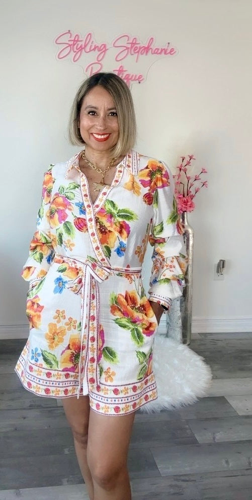 Orange Tropical 3/4 Sleeve Romper