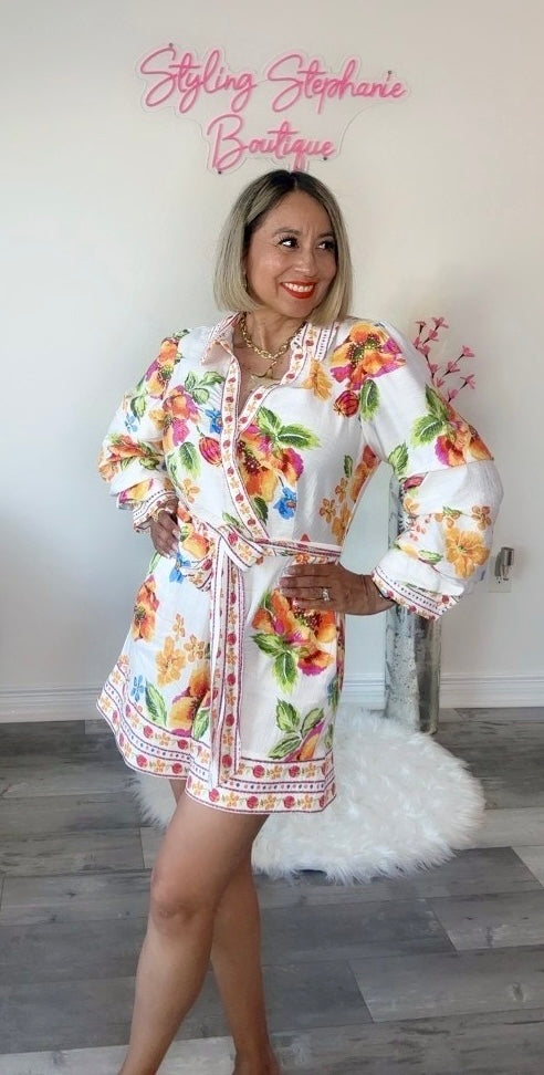 Orange Tropical 3/4 Sleeve Romper