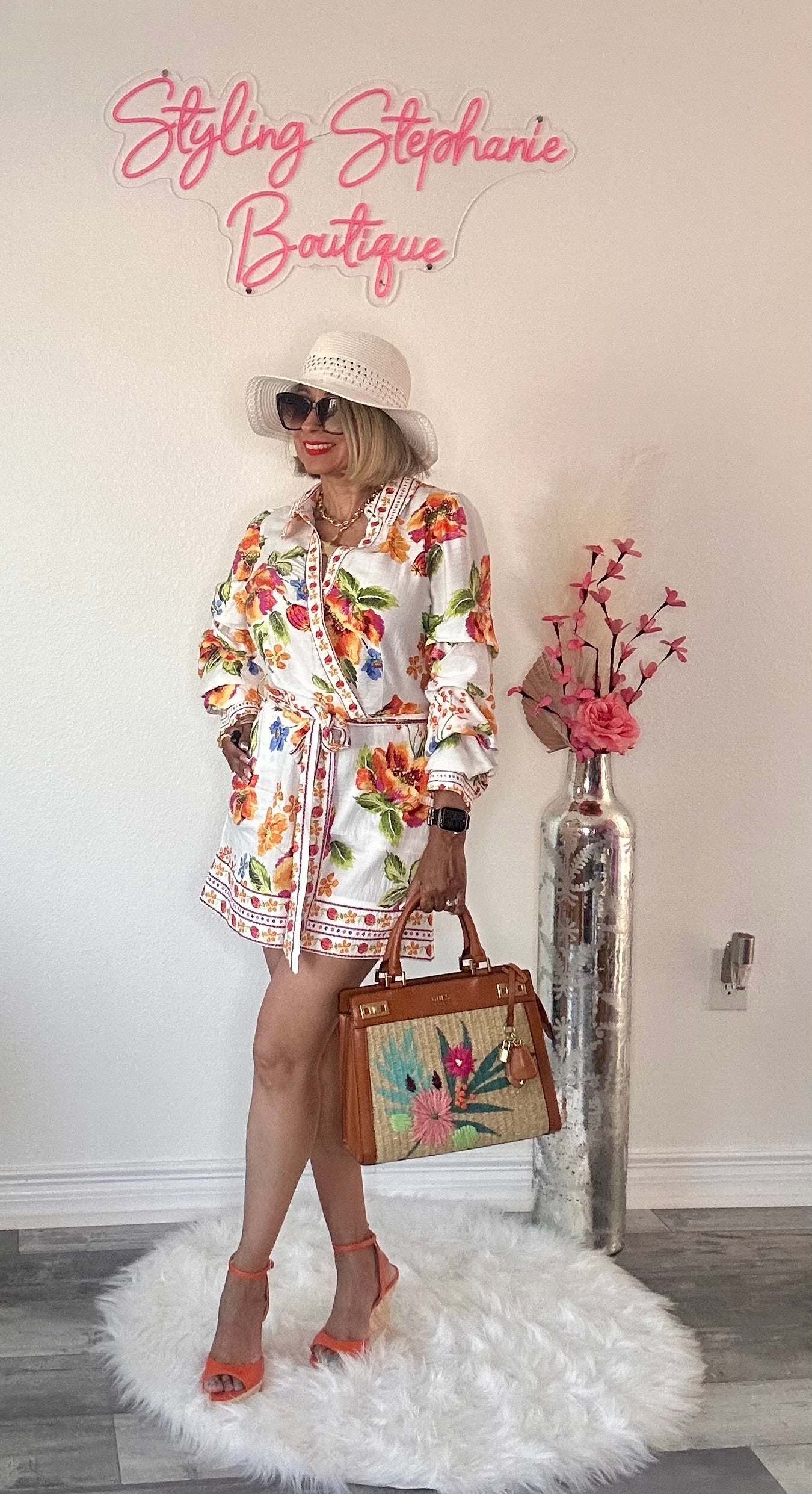 Orange Tropical 3/4 Sleeve Romper