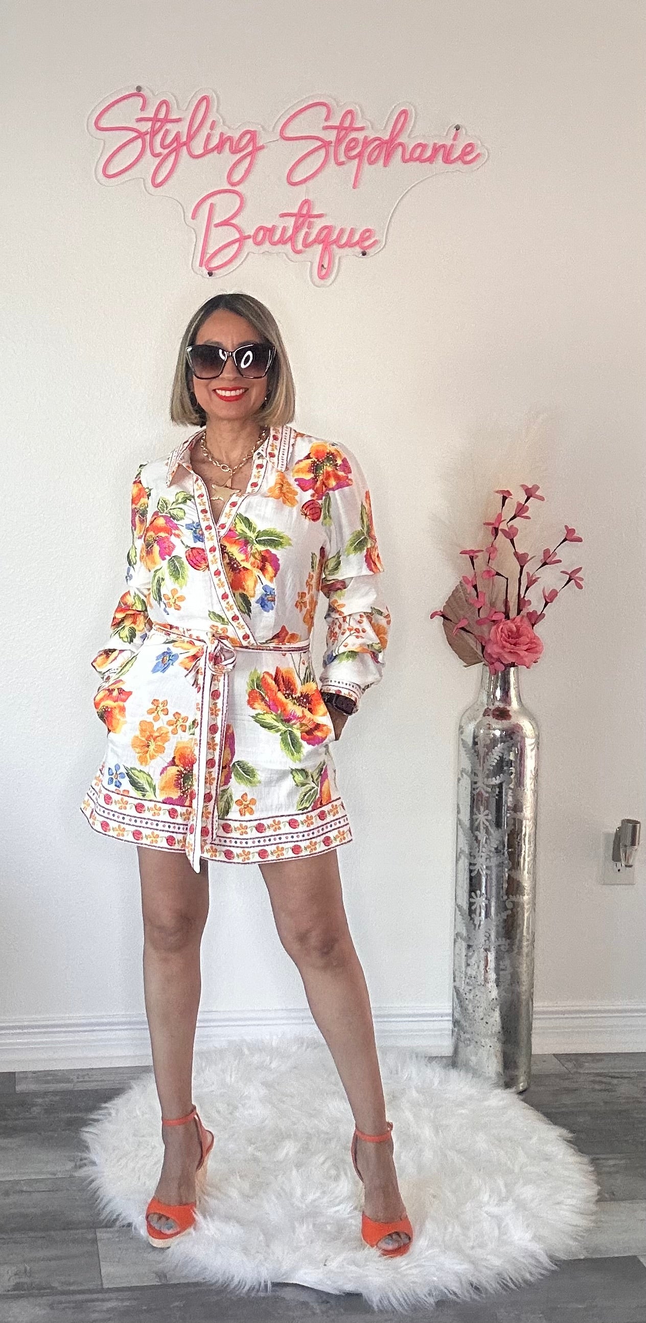 Orange Tropical 3/4 Sleeve Romper