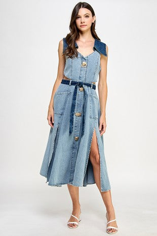 Denim Belted Long Dress
