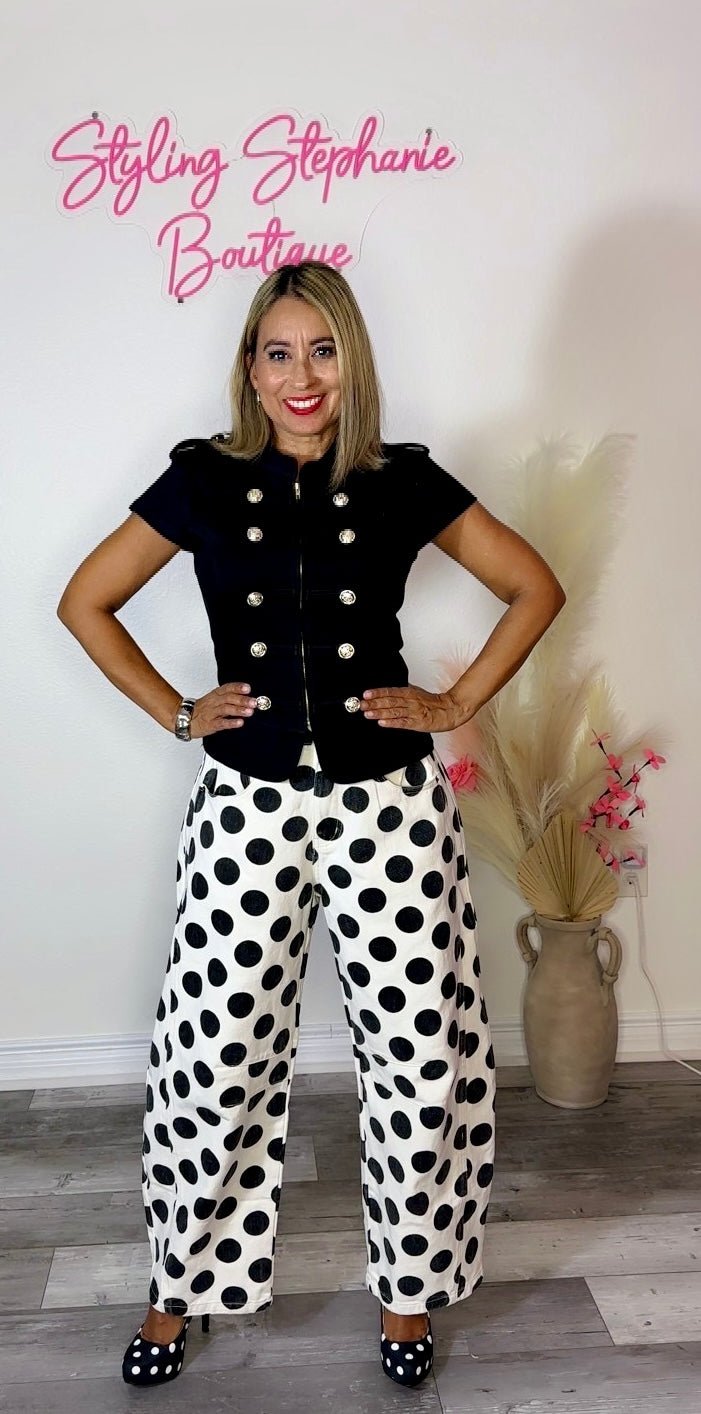 Polka Dot Barrel Leg Denim Pants