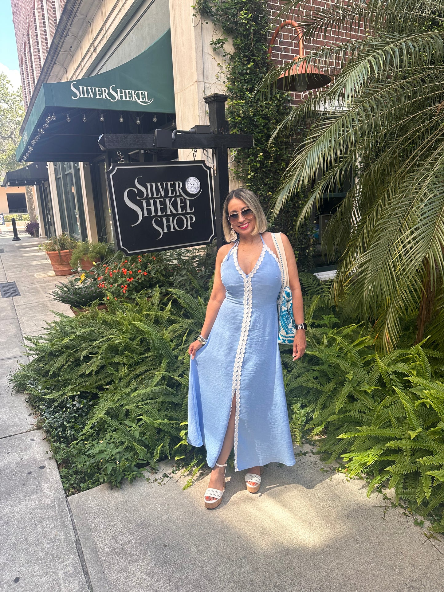 Baby Blue Embroidered Trim Halter Midi Dress