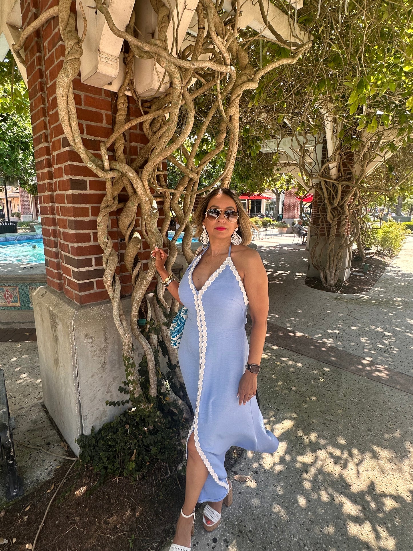 Baby Blue Embroidered Trim Halter Midi Dress