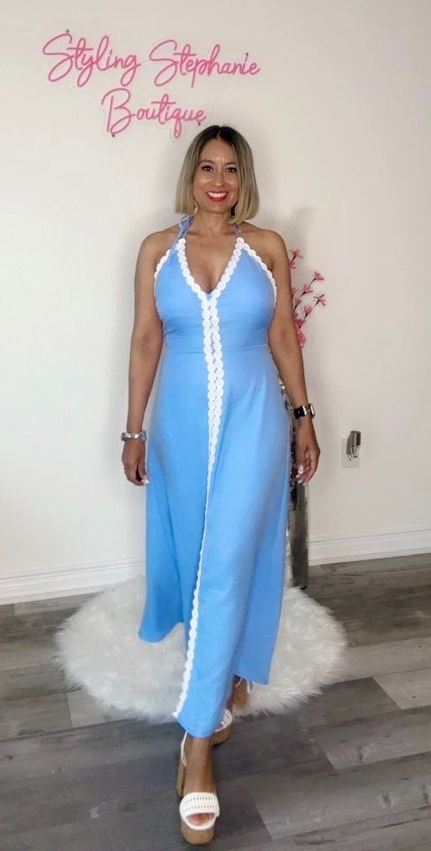 Baby Blue Embroidered Trim Halter Midi Dress