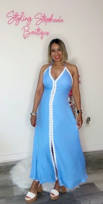 Baby Blue Embroidered Trim Halter Midi Dress