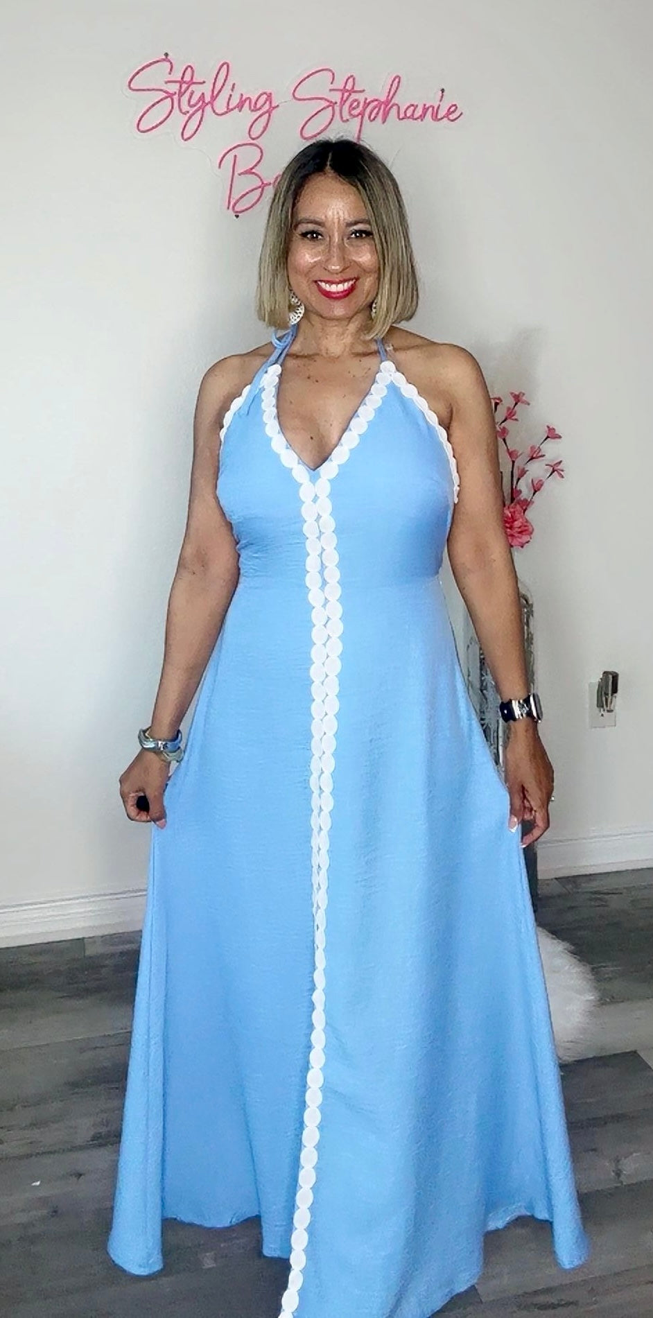 Baby Blue Embroidered Trim Halter Midi Dress