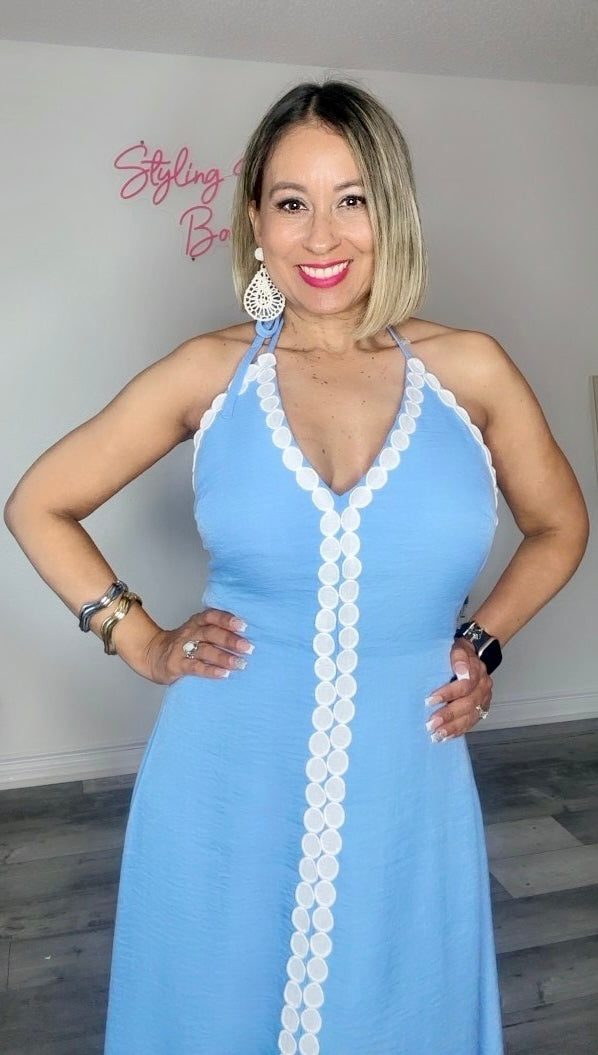 Baby Blue Embroidered Trim Halter Midi Dress