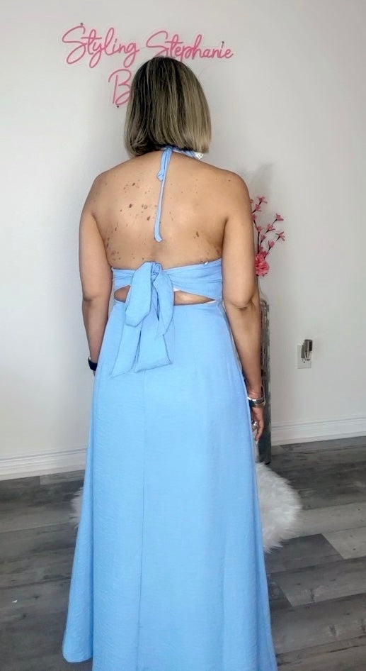 Baby Blue Embroidered Trim Halter Midi Dress