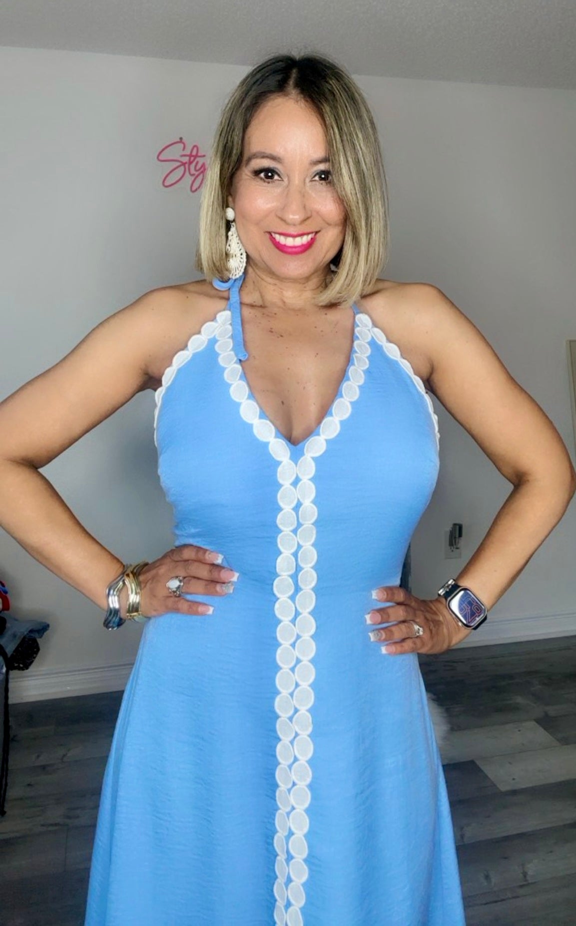 Baby Blue Embroidered Trim Halter Midi Dress