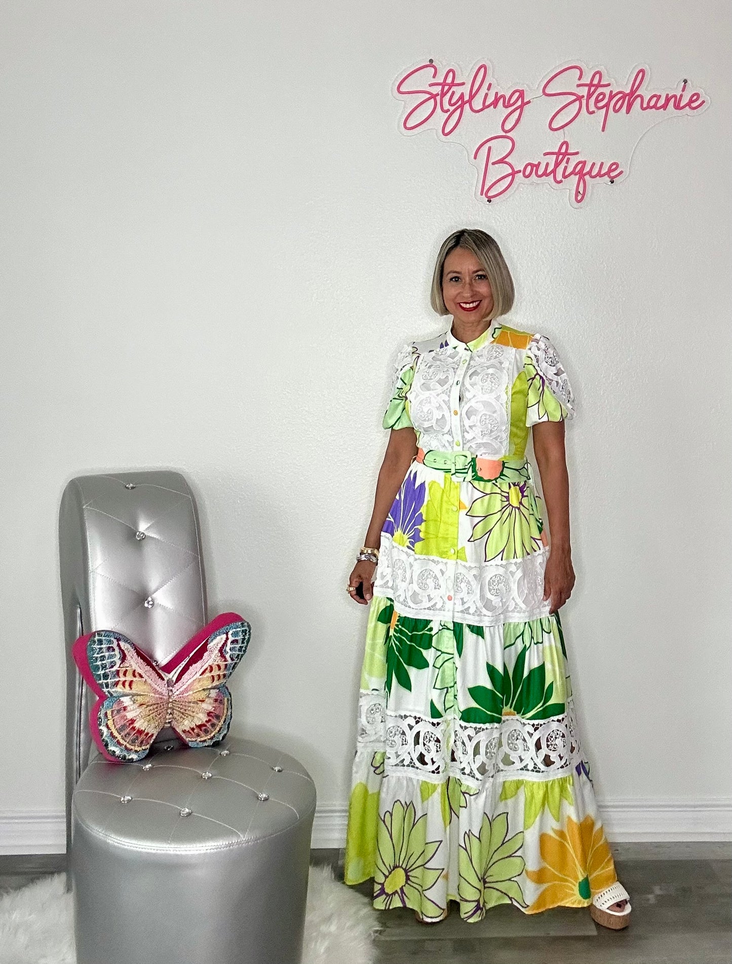 Green Multi Short Sleeve Maxi Dress