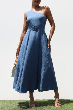 One Shoulder Woven Denim Color Midi Dress
