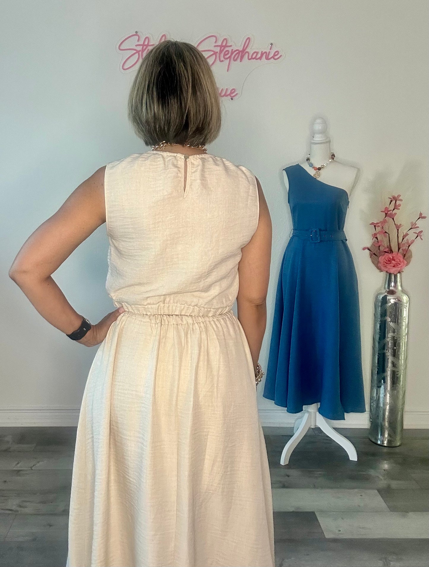Natural Braid Detail Top with Midi Skirt Set