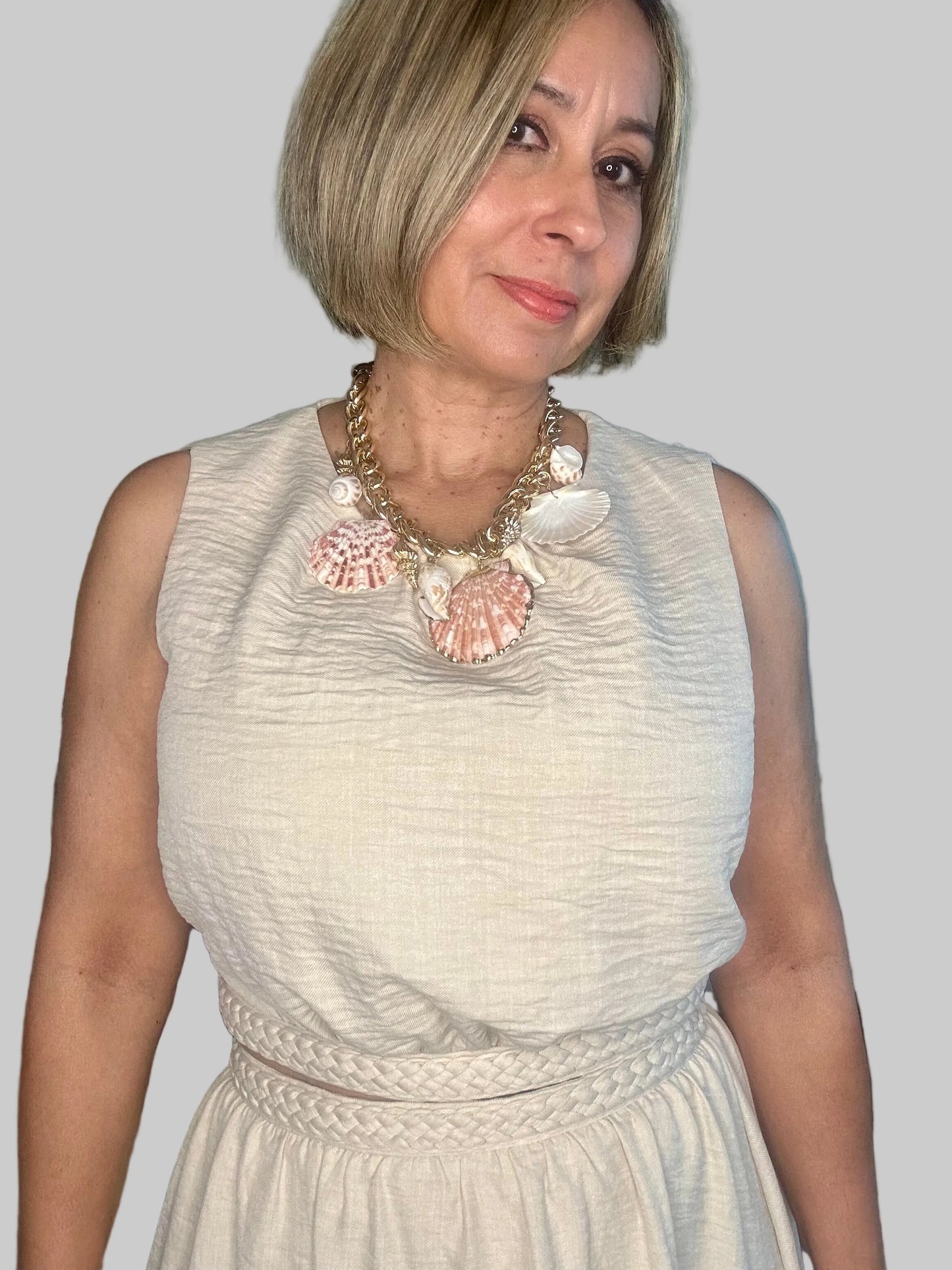 Natural Braid Detail Top with Midi Skirt Set