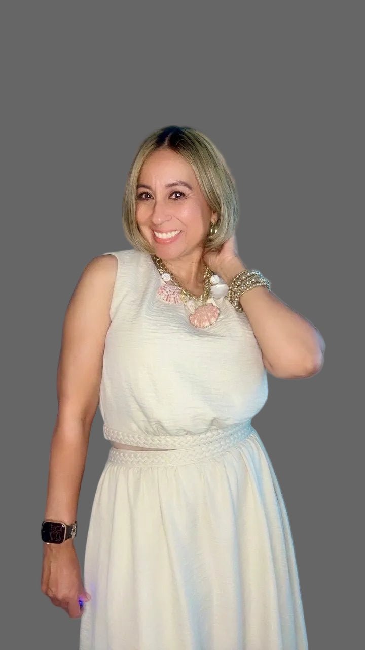 Natural Braid Detail Top with Midi Skirt Set