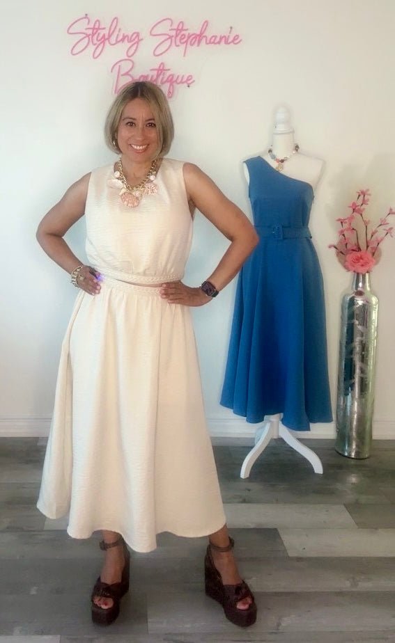 Natural Braid Detail Top with Midi Skirt Set