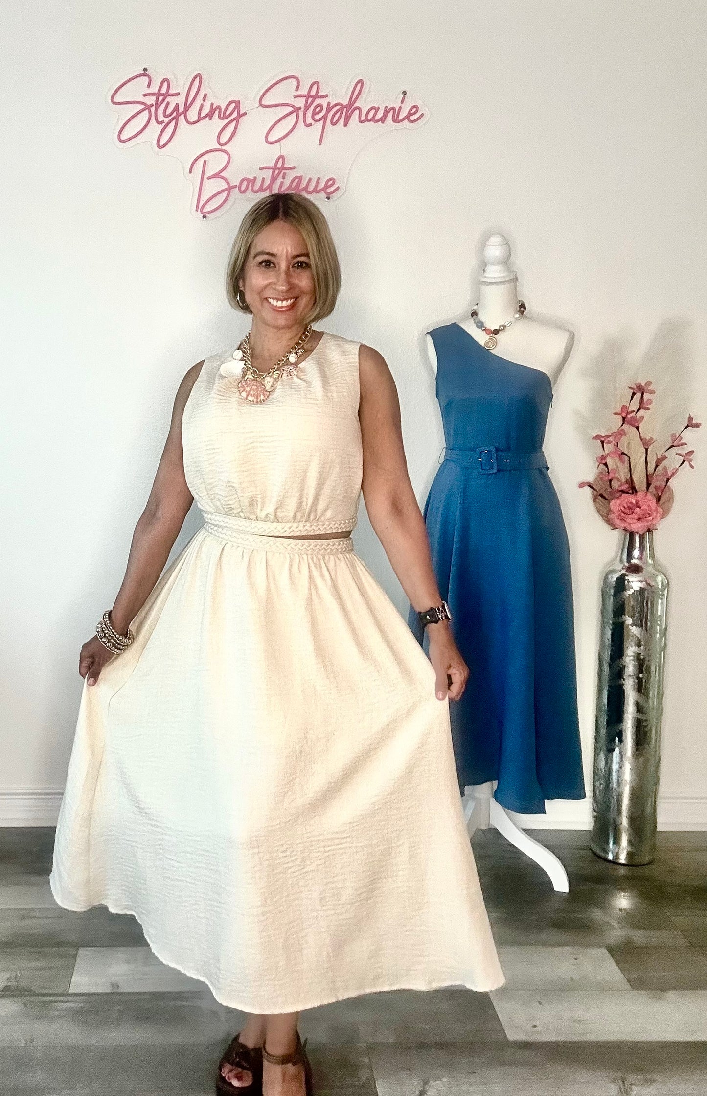 Natural Braid Detail Top with Midi Skirt Set