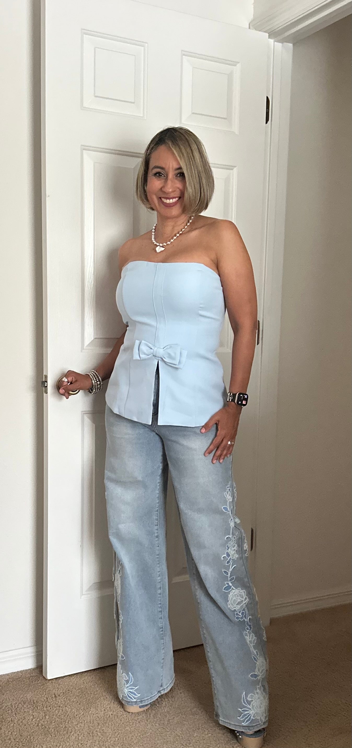 Sky Blue Bow Tube Top Fly Away Hem