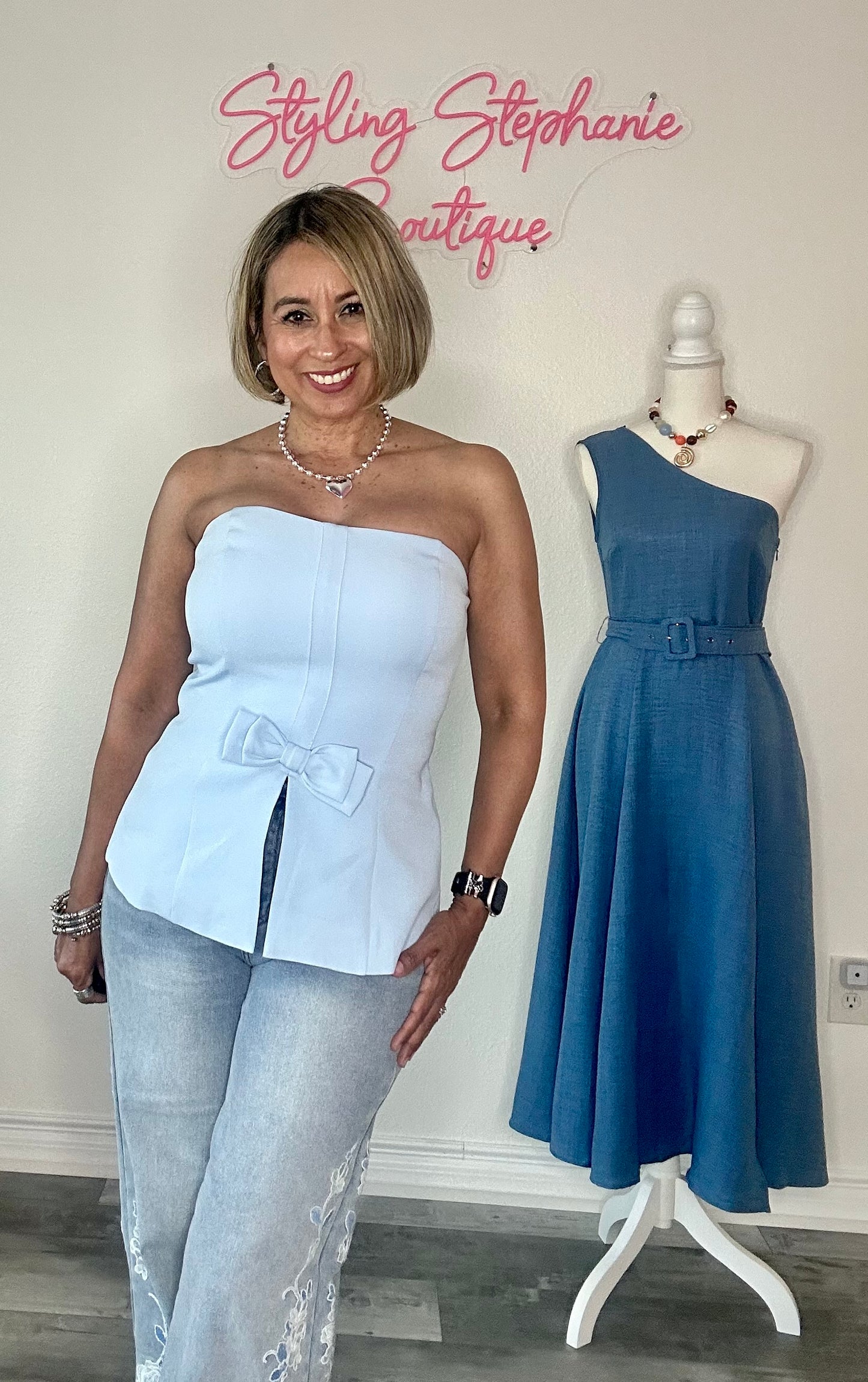 Sky Blue Bow Tube Top Fly Away Hem