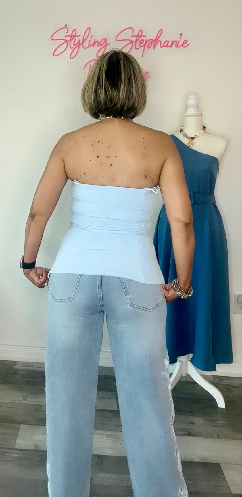 Sky Blue Bow Tube Top Fly Away Hem