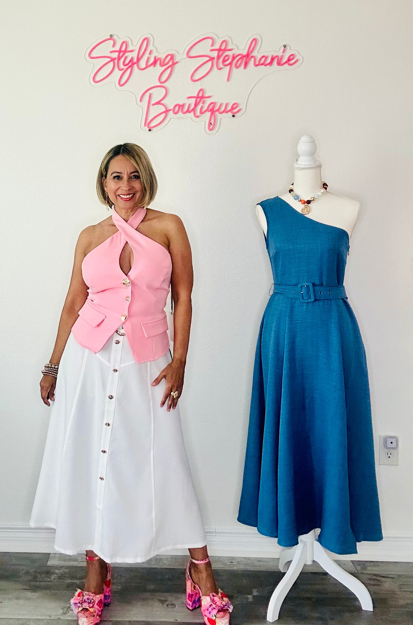 Pink Halter Neck Vest Top with Novelty Buttons