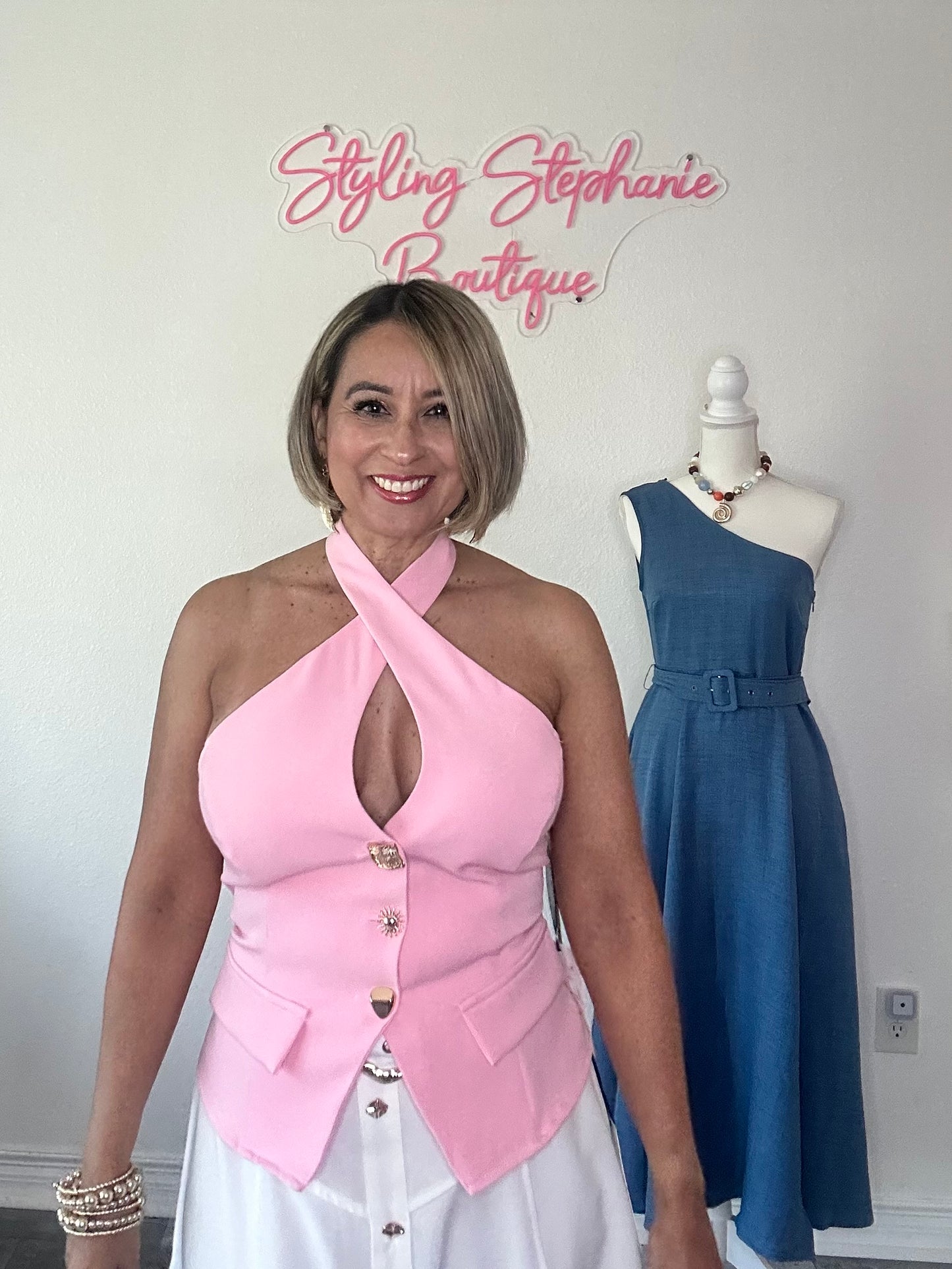 Pink Halter Neck Vest Top with Novelty Buttons