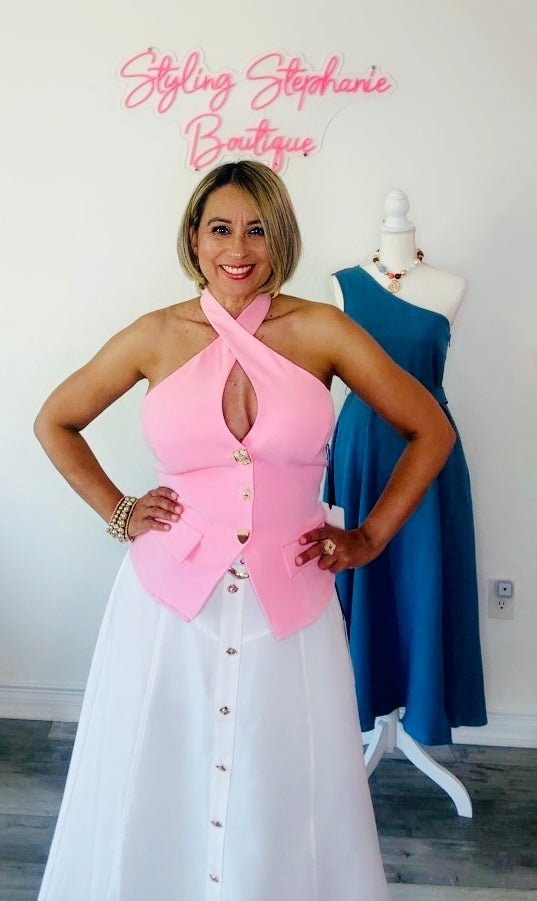 Pink Halter Neck Vest Top with Novelty Buttons