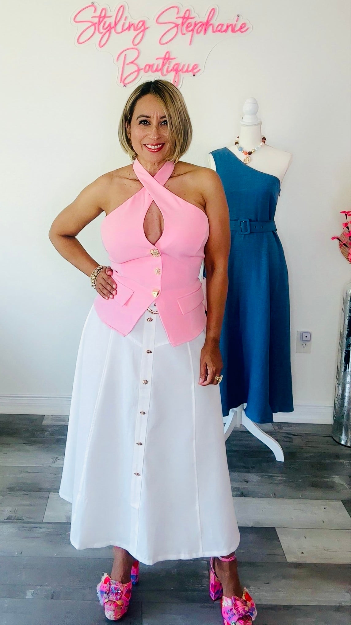 Pink Halter Neck Vest Top with Novelty Buttons