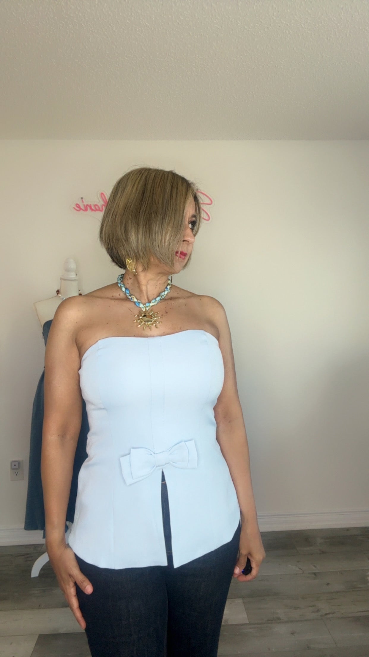 Sky Blue Bow Tube Top Fly Away Hem