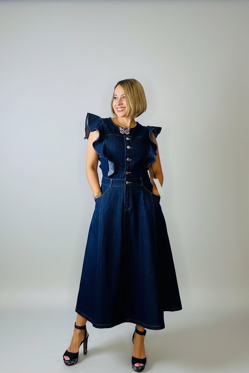 Elegant Paris Dark Denim Midi Dress