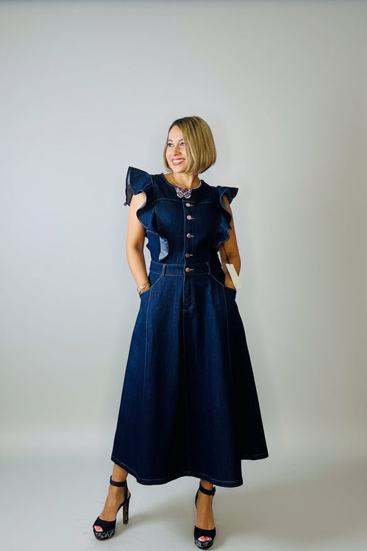 Elegant Paris Dark Denim Midi Dress
