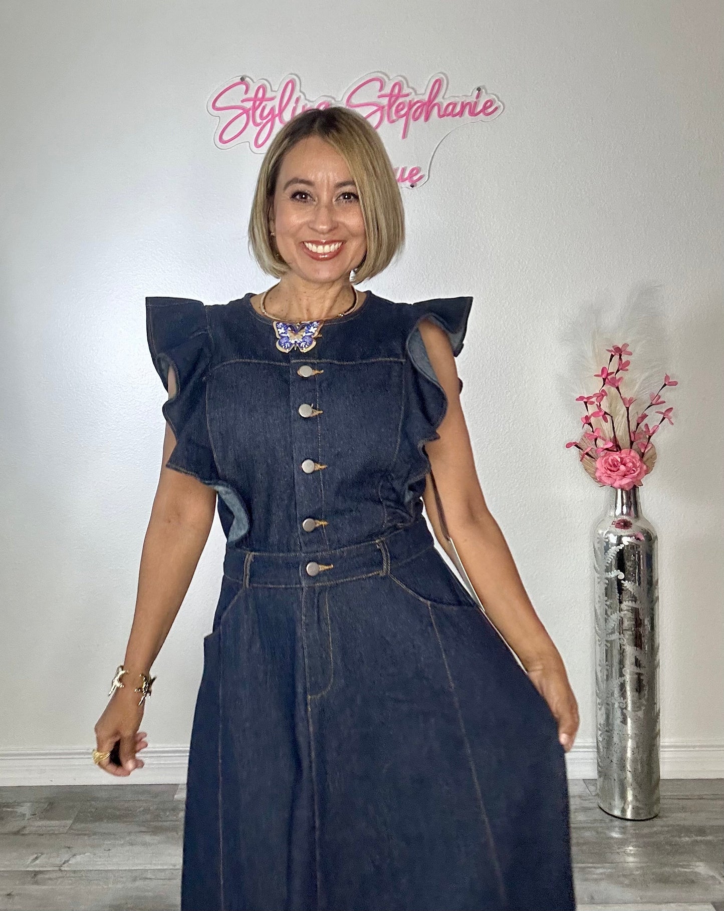 Elegant Paris Dark Denim Midi Dress