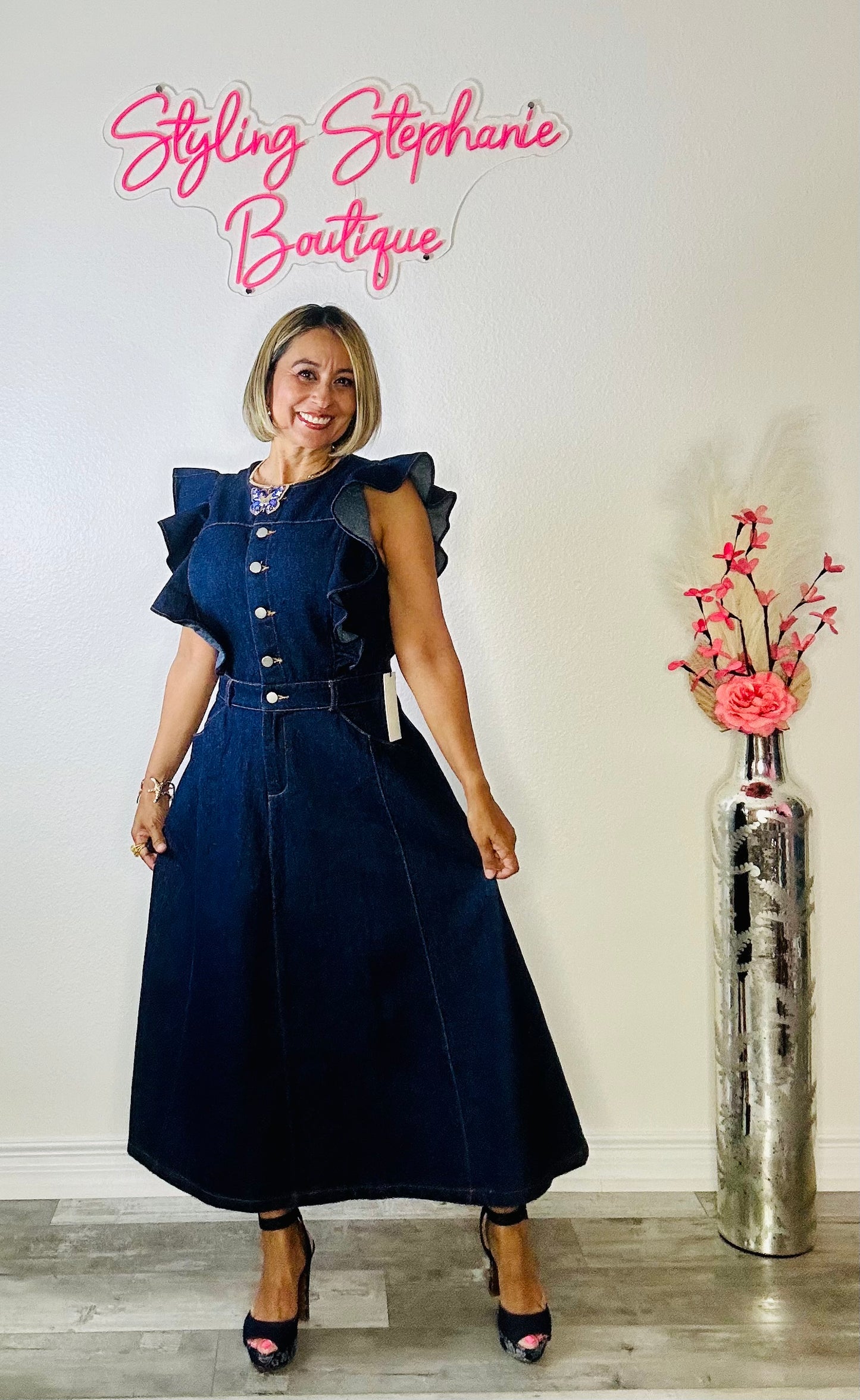 Elegant Paris Dark Denim Midi Dress